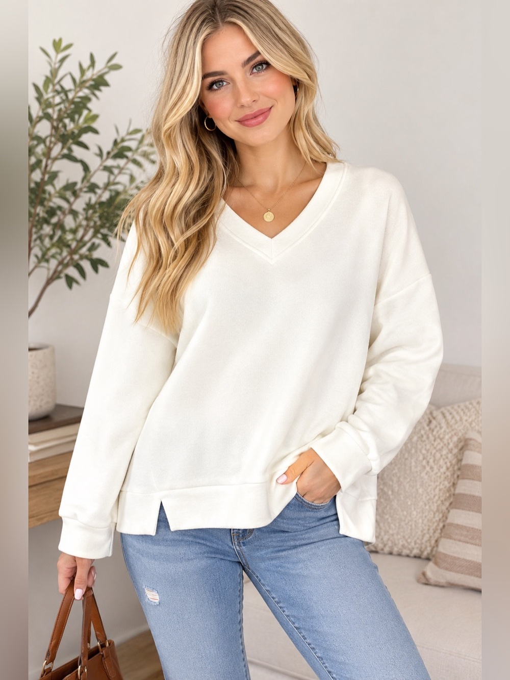 Marc New York Everyday V-Neck Pullover Sweater — Cream size XXL